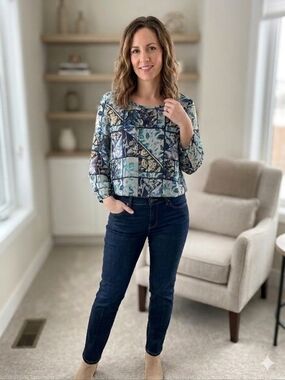 Style & Co Petite Blue Floral Handkerchief Hem Blouse Large